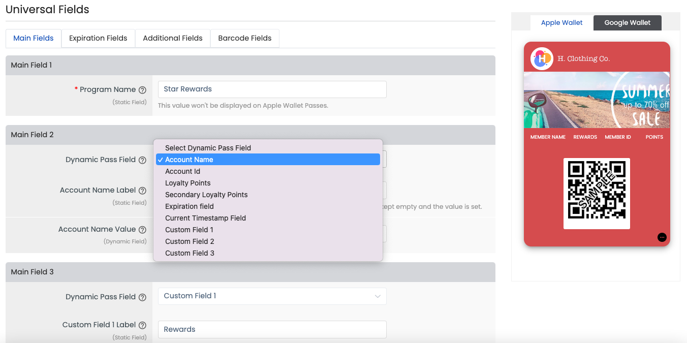 Loyalty card layout 2 main fields