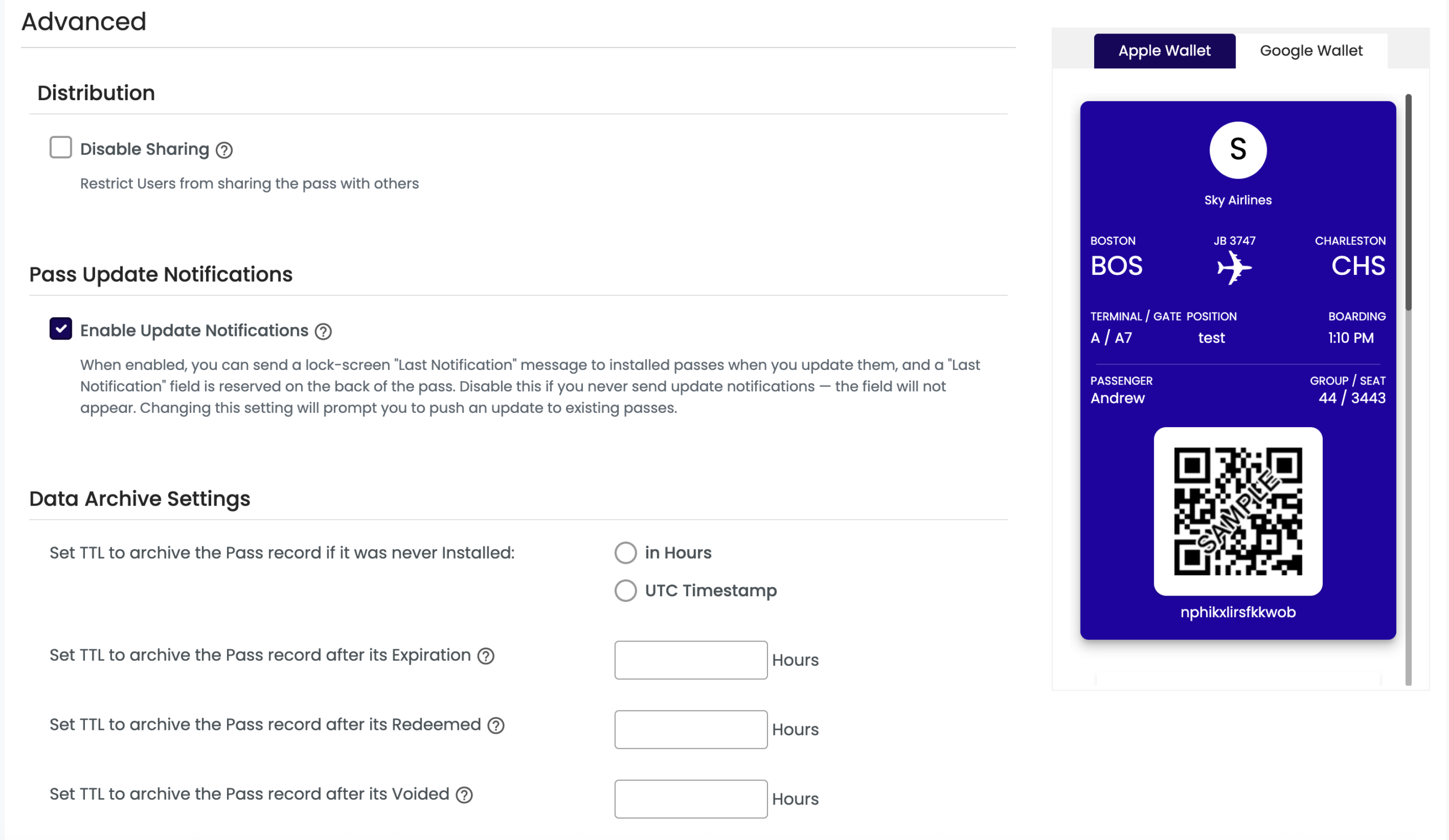 Boarding Pass advanced fields