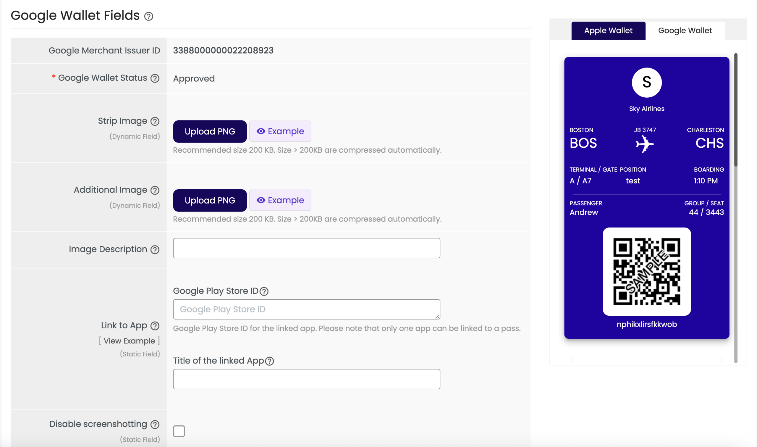 Boarding Pass google wallet fields