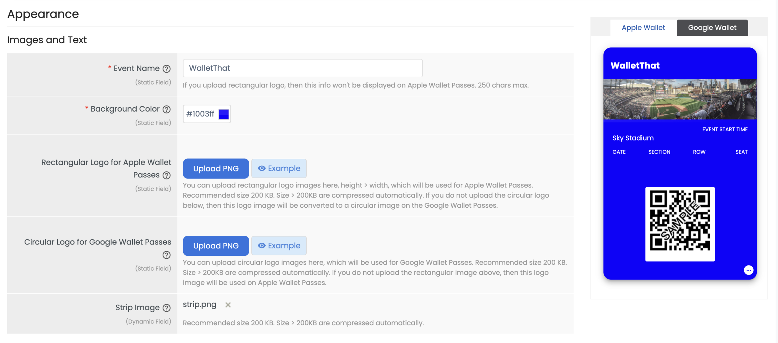 Event Ticket Appearance tab