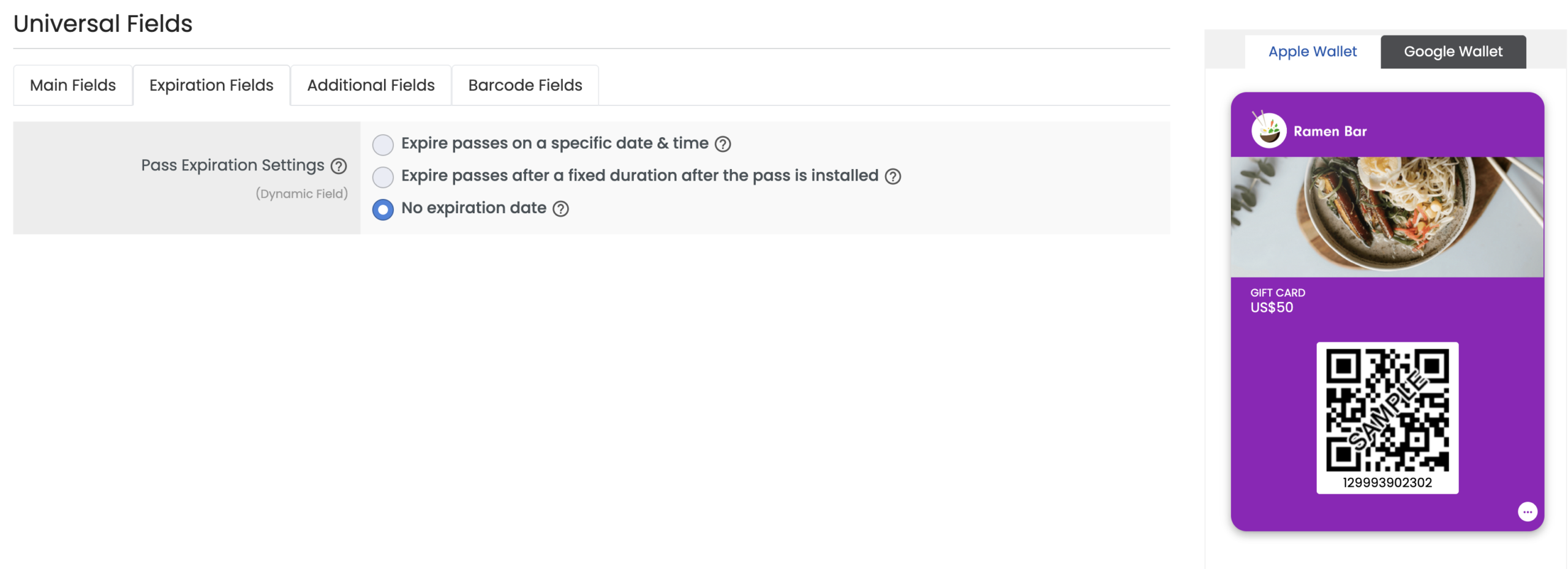 Gift Card Expiration Fields tab