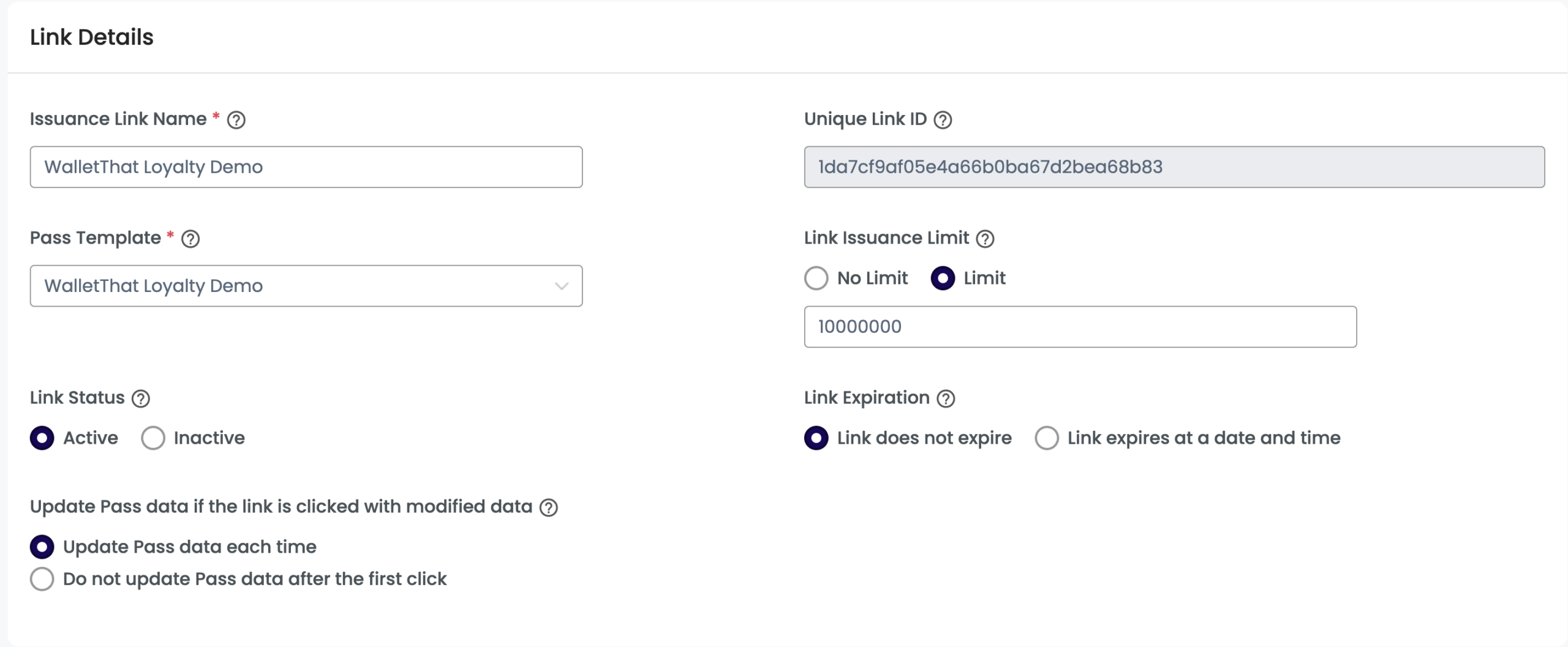 Pass Issuance Link Details