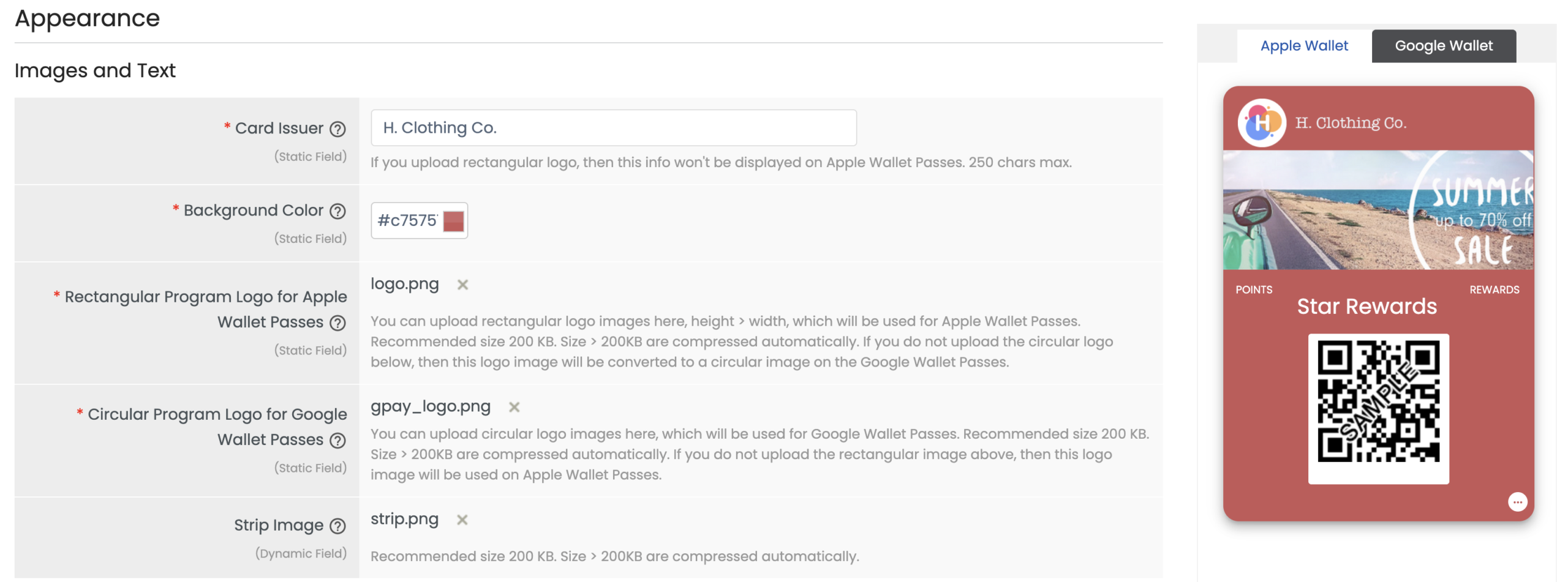 Loyalty Card Layout 1 Appearance tab