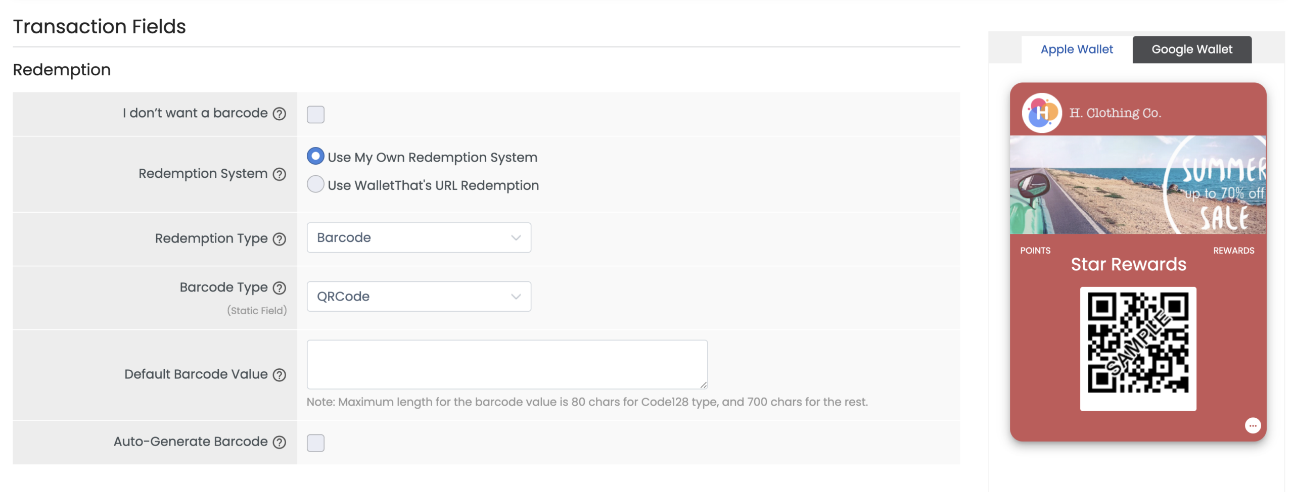 Loyalty Card Layout 1 Transaction Fields