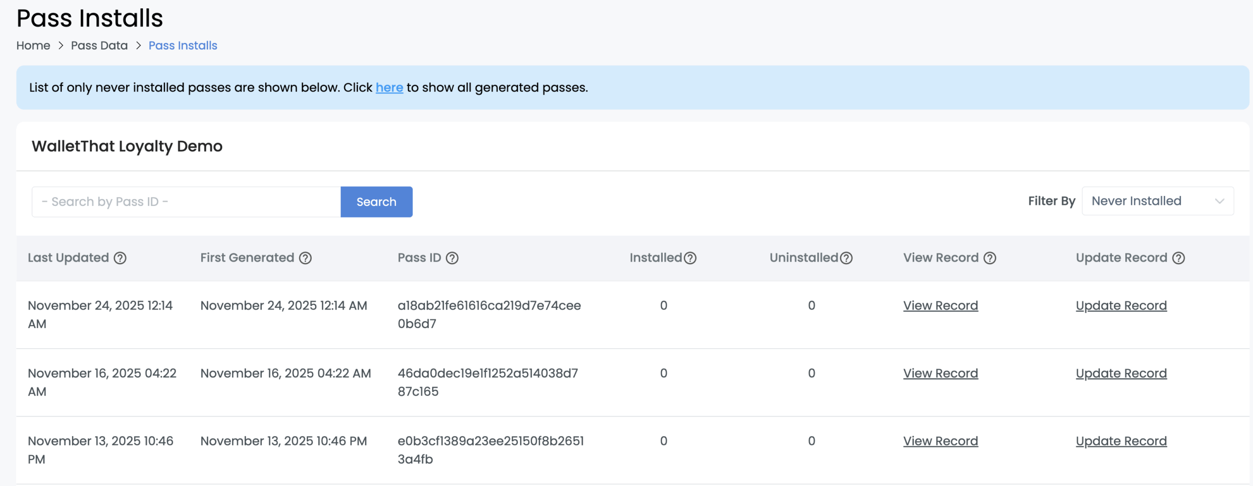 Never Installed Passes