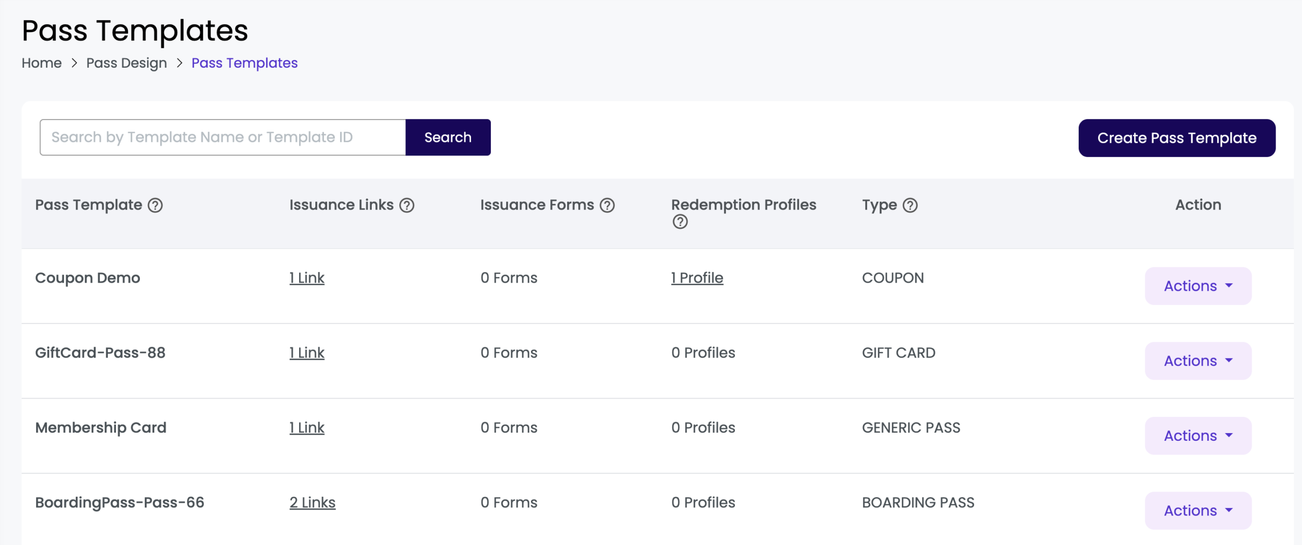 Pass templates listing page