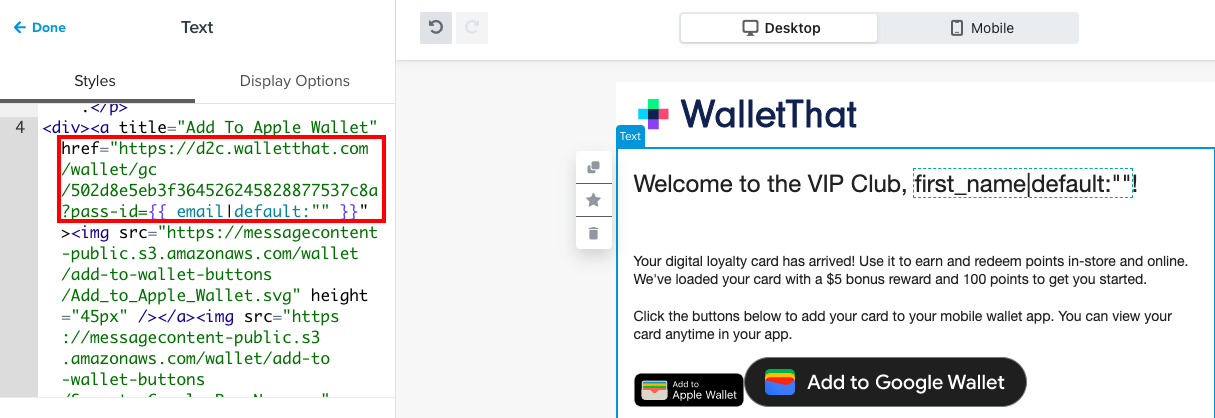 replace the pass issuance link in the html snippet