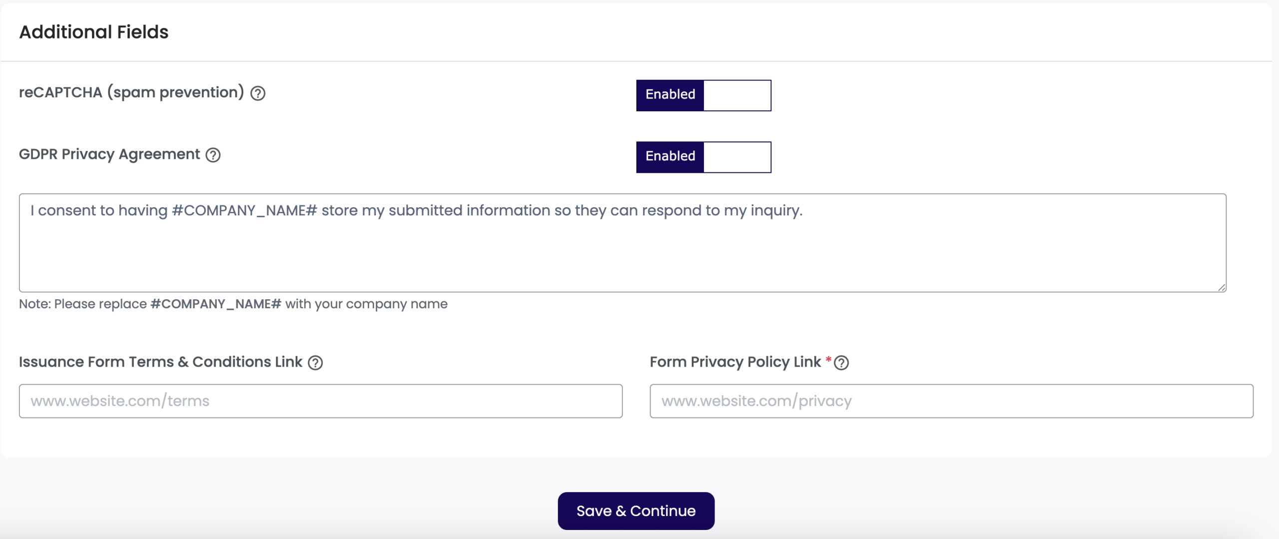 issuance form additional fields