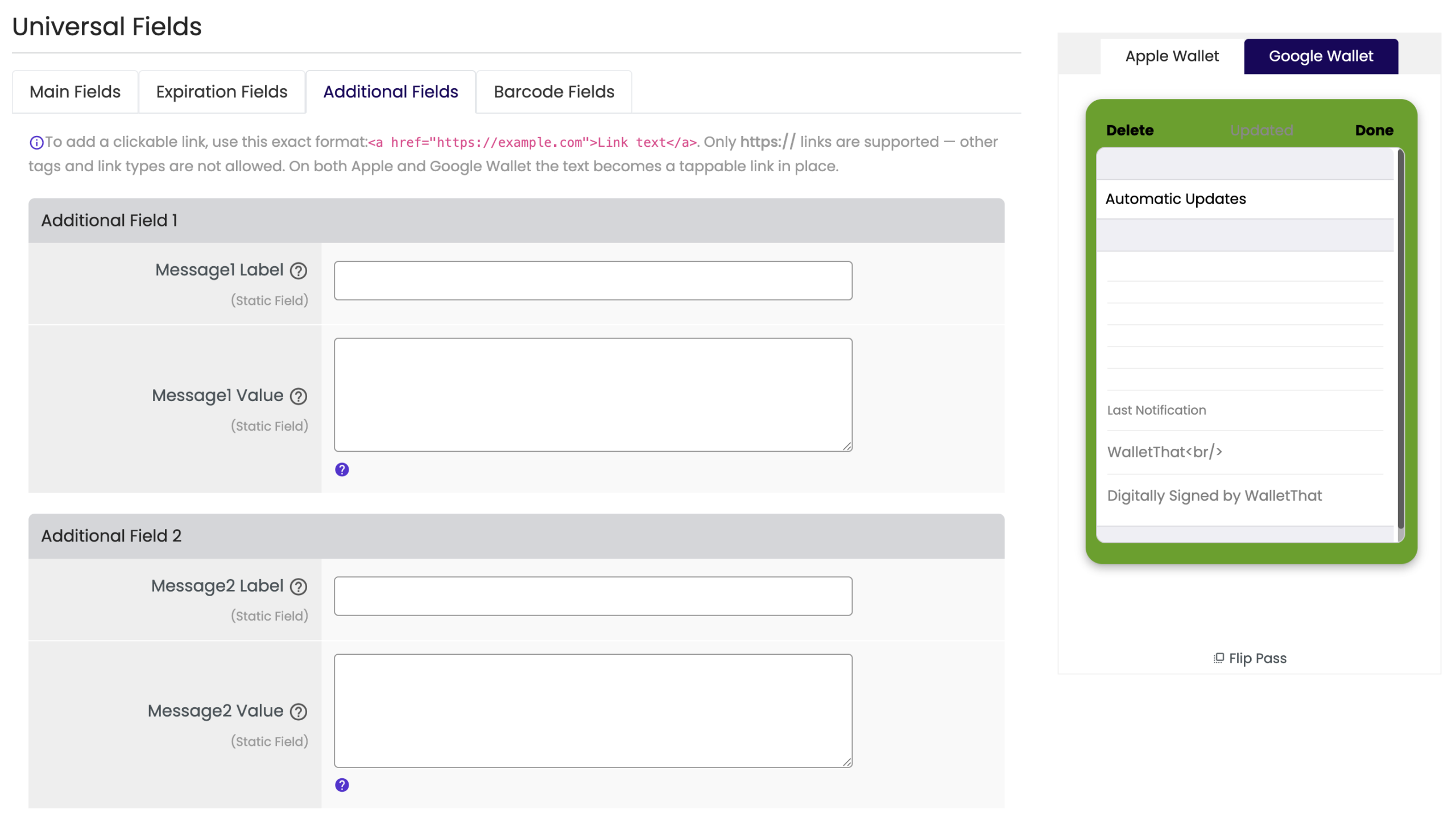 generic pass template additional fields