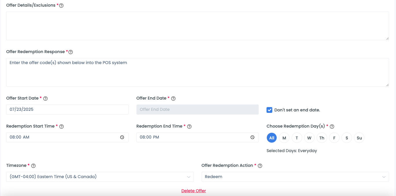 offer details section in redemption profile builder