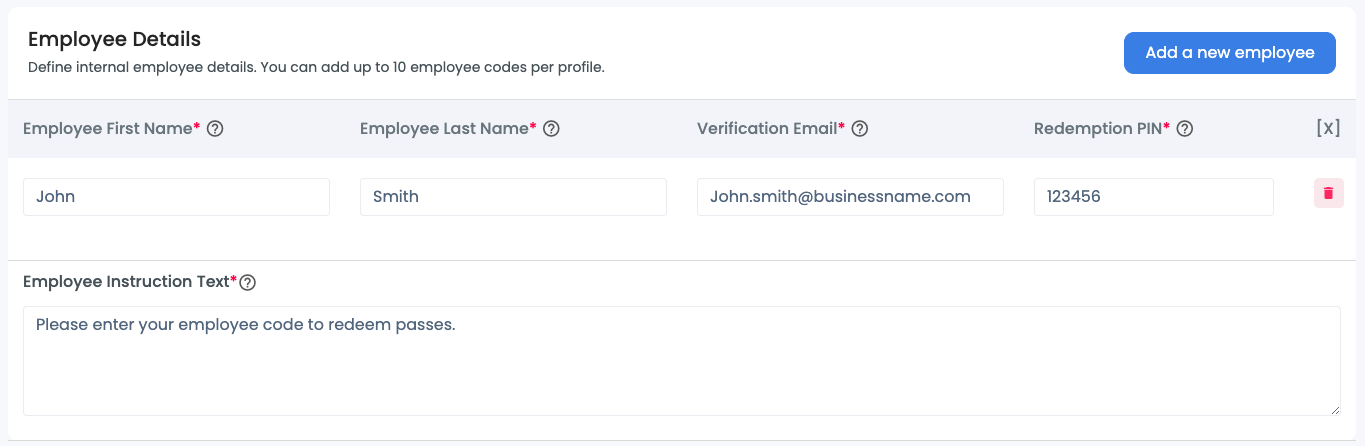 employee details section on the redemption profile builder