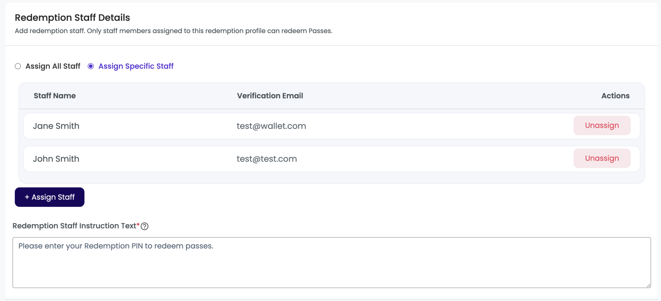 Assign Redemption Staff