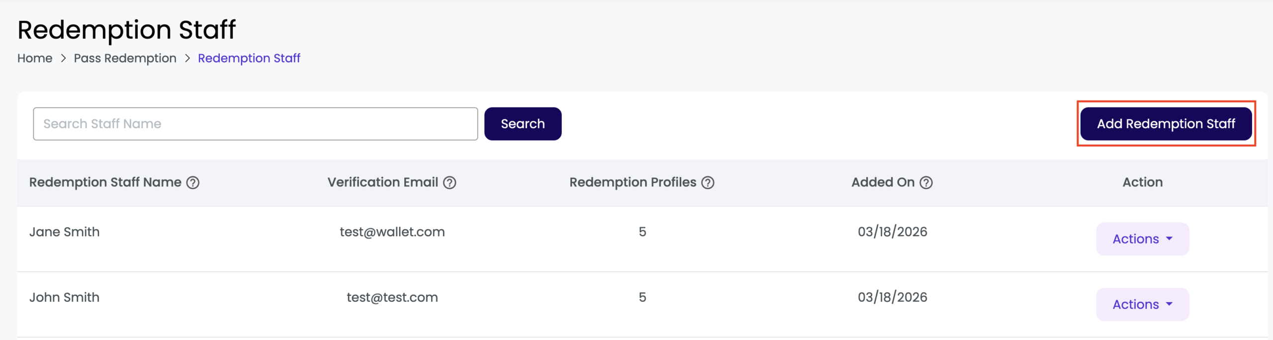 Redemption Staff Listing Page