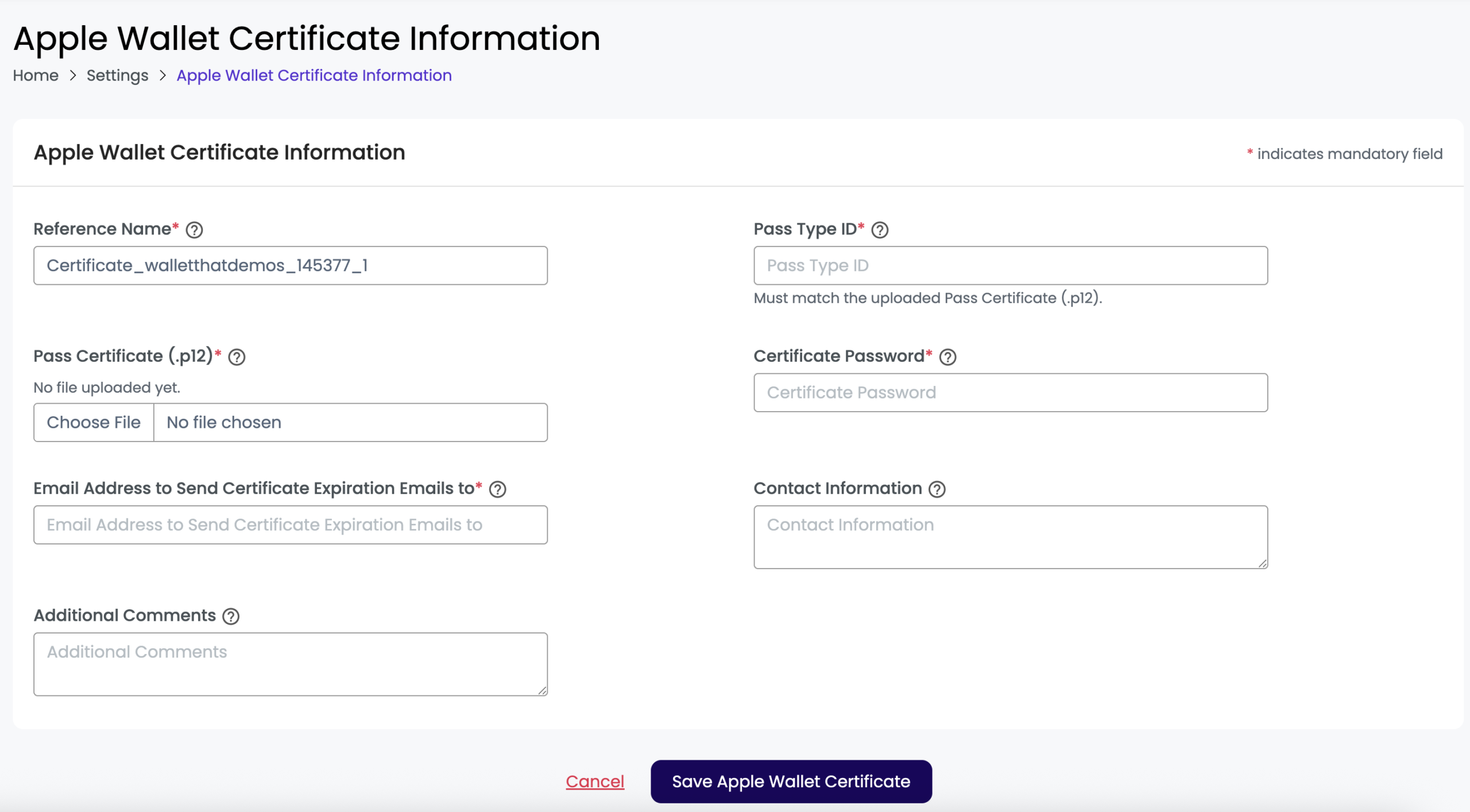 Adding apple wallet certificate information