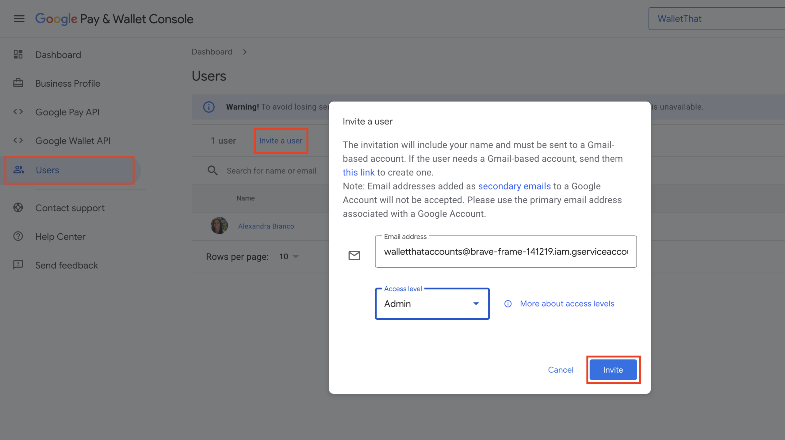 invite service account