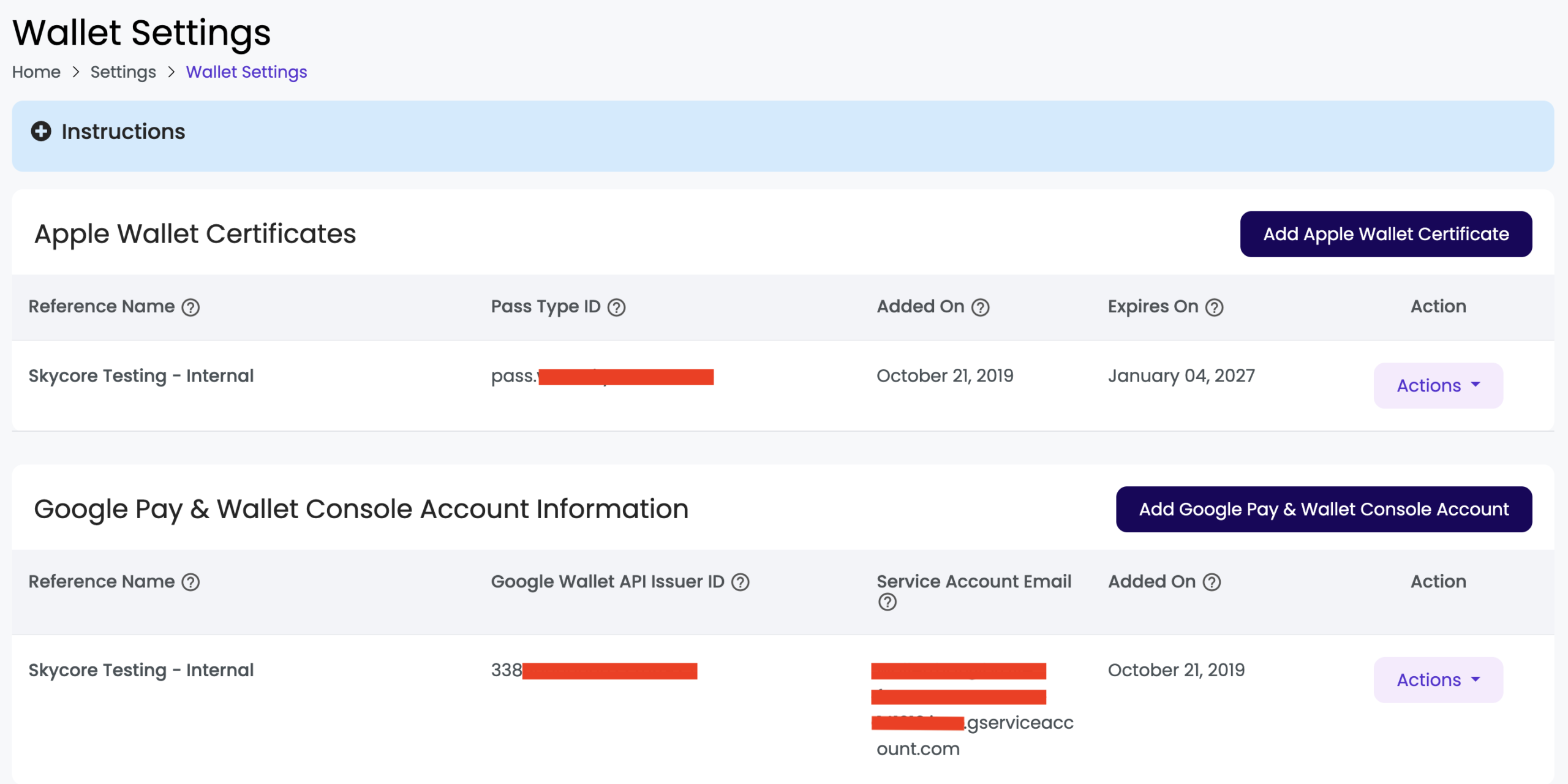 Apple and Google wallet settings page listing
