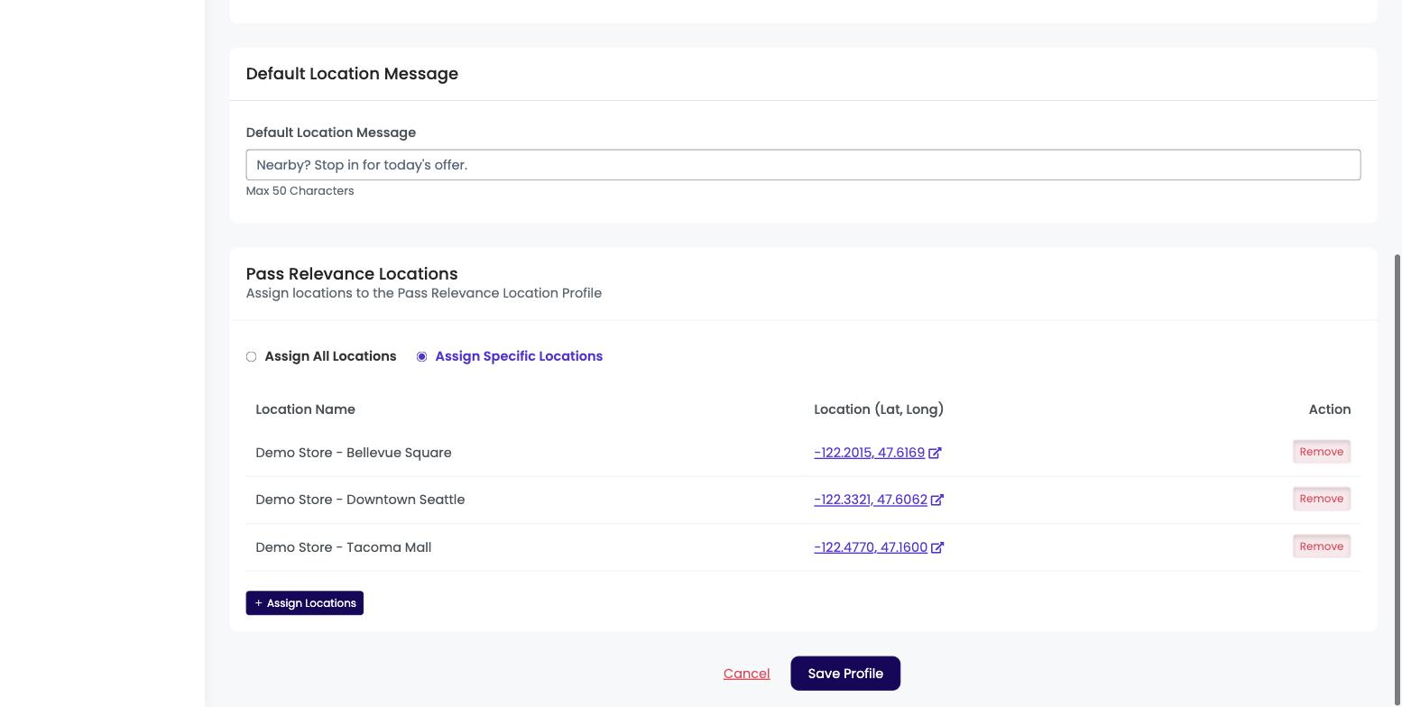 Pass Relevance Locations section with locations assigned to the profile