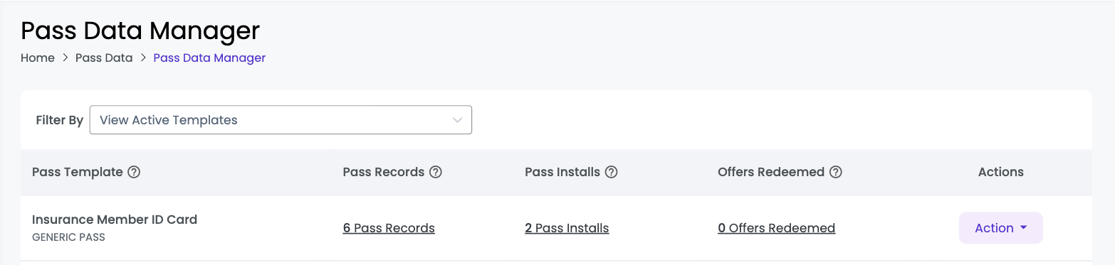 Pass Data Manager listing showing the Pass Records, Pass Installs and Offers Redeemed columns
