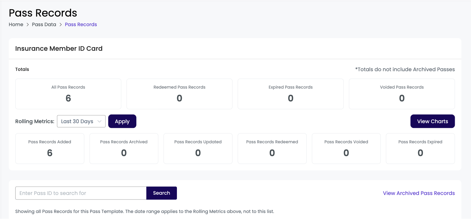 Pass Records page showing the Totals and Rolling Metrics sections with date range filter