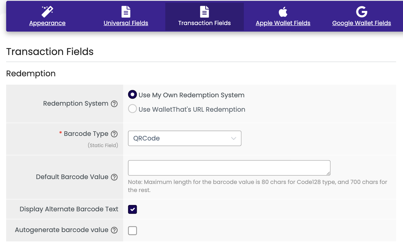 Gift Card Transaction Fields tab in the Pass Template Builder