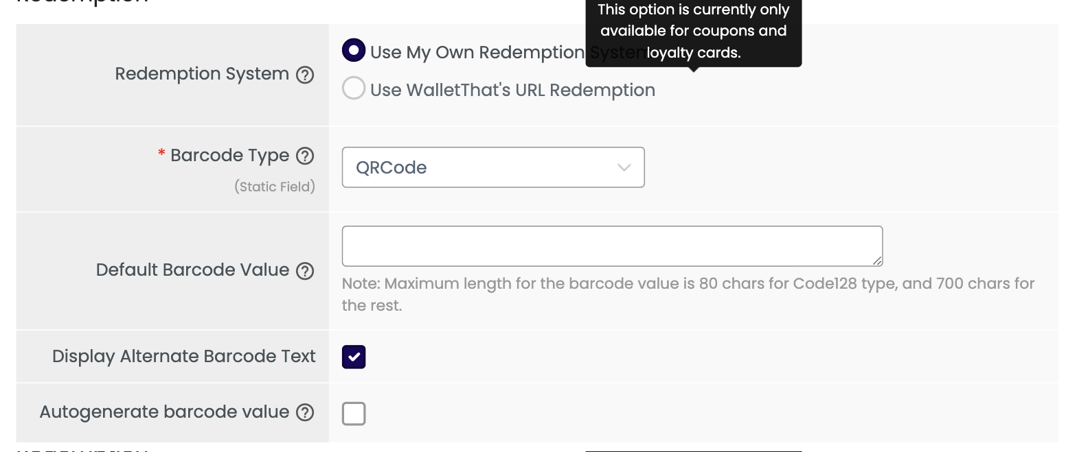 Tooltip showing WalletThat's URL Redemption is only available for coupons and loyalty cards