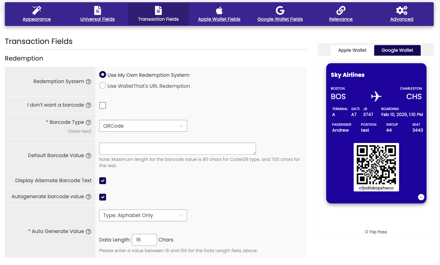 Boarding Pass Transaction Fields tab in the Pass Template Builder