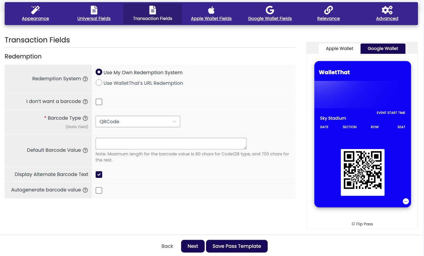 Event Ticket Transaction Fields tab in the Pass Template Builder