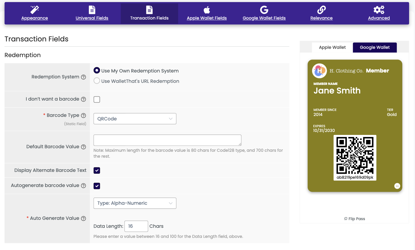 Generic Pass Transaction Fields tab in the Pass Template Builder
