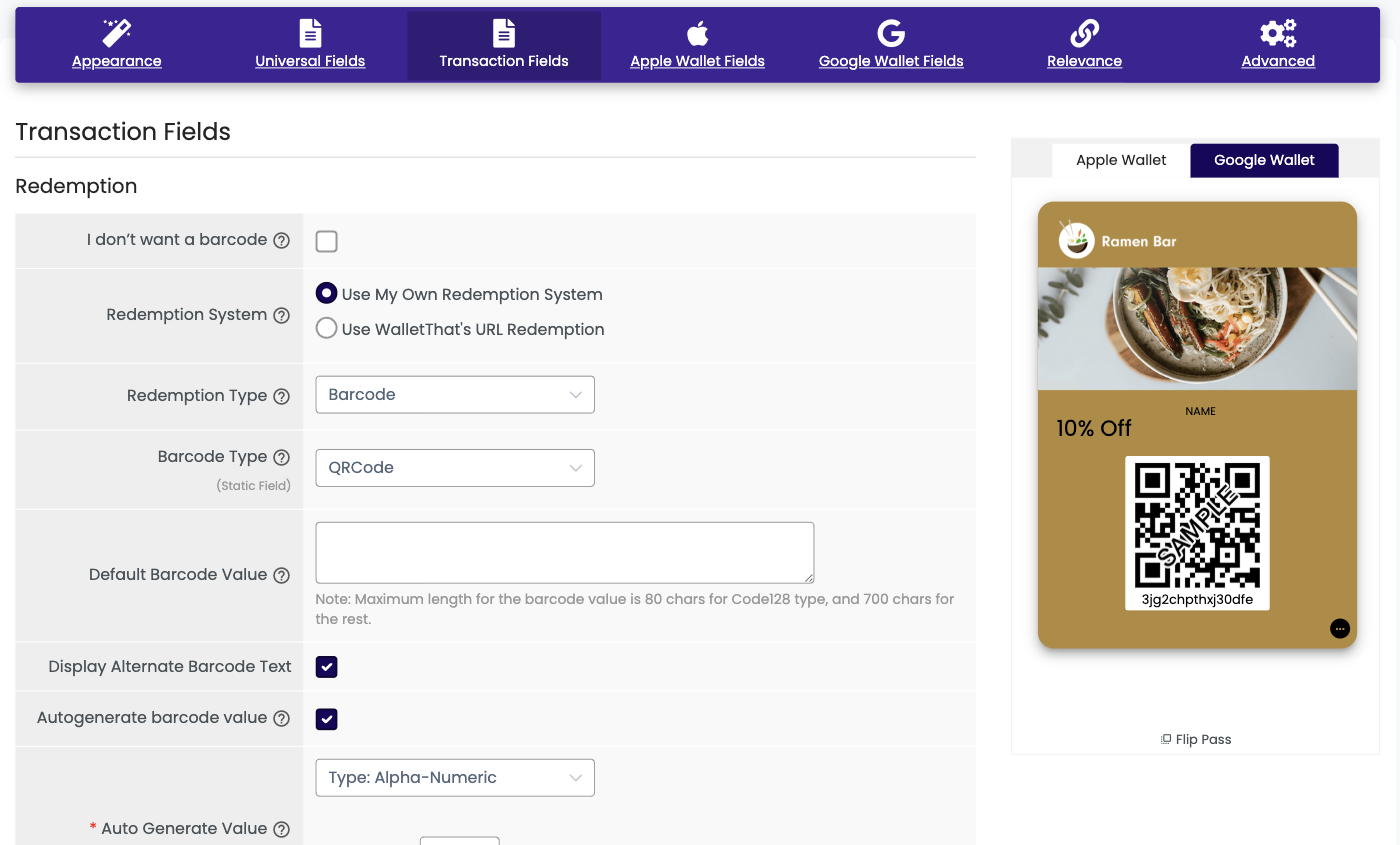 Coupon Layout 2 Transaction Fields tab in the Pass Template Builder