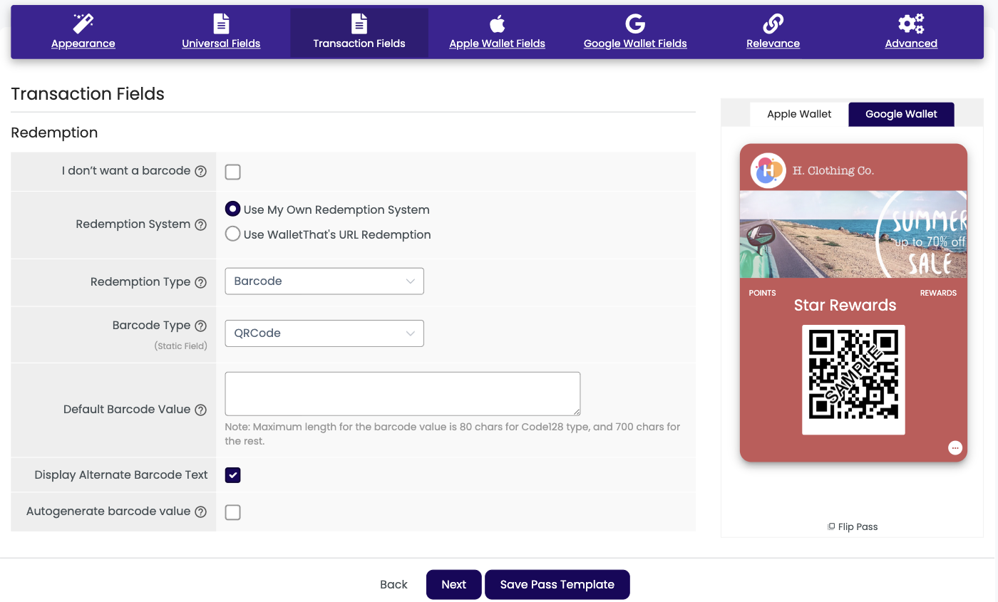 Loyalty Card Layout 1 Transaction Fields tab in the Pass Template Builder