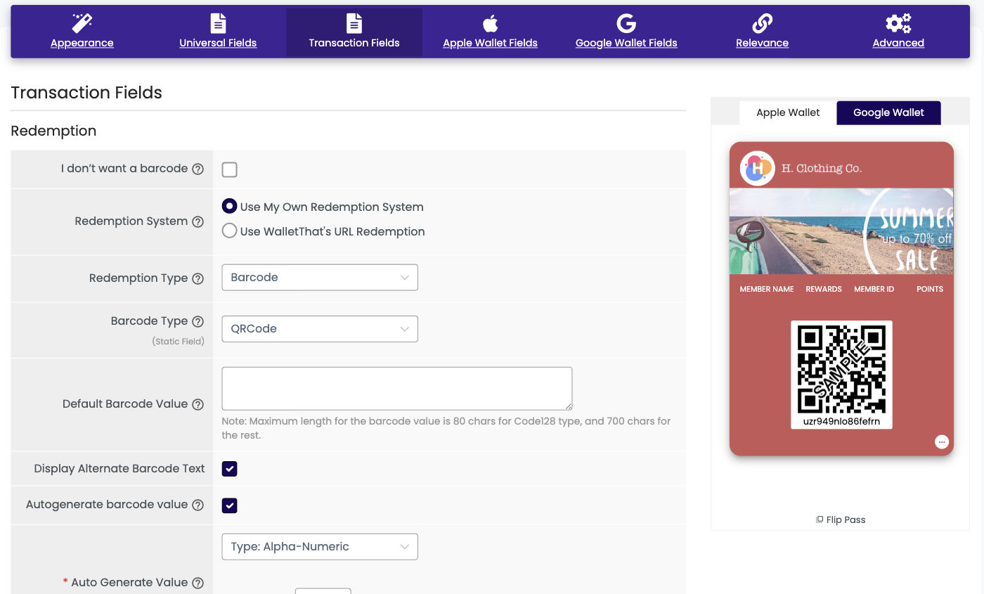 Loyalty Card Layout 2 Transaction Fields tab in the Pass Template Builder