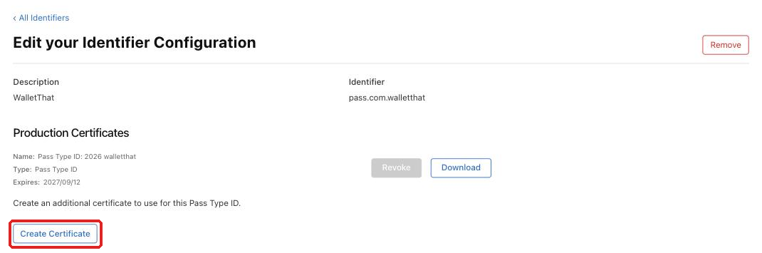 Create Certificate button under Production Certificates