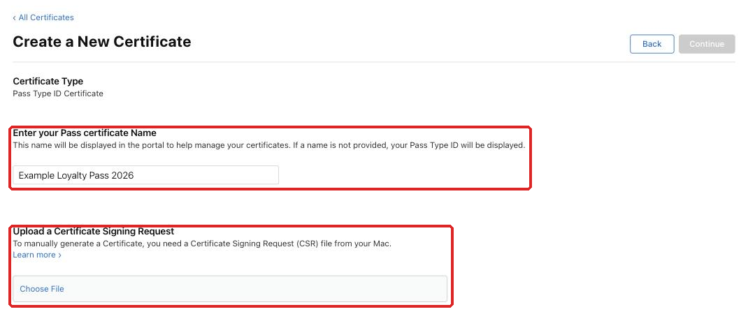 Create a New Certificate page with certificate name and CSR upload