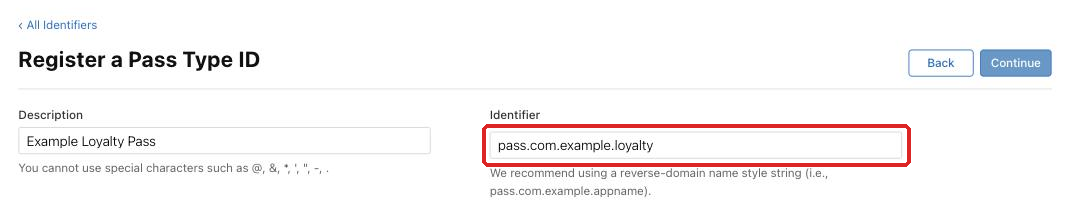 Register a Pass Type ID form with Description and Identifier fields
