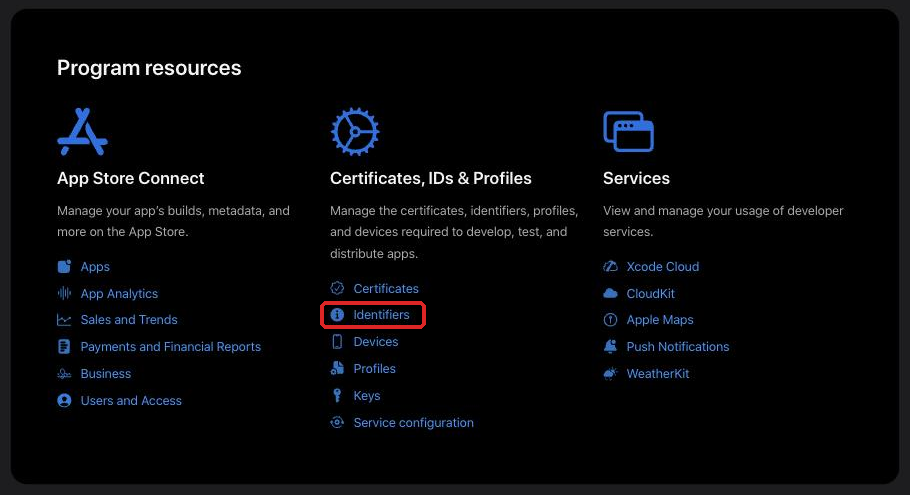 Identifiers link under Certificates, IDs & Profiles in Program resources
