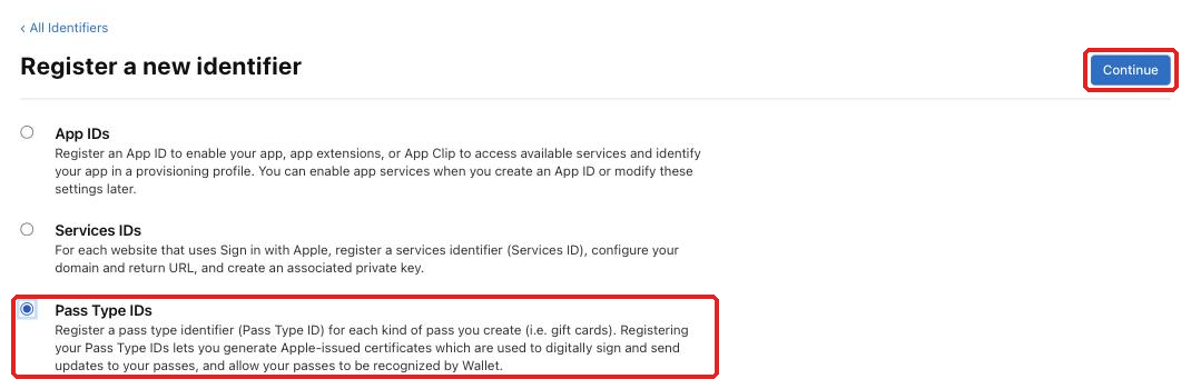 Select Pass Type IDs on the Register a new identifier page and click Continue