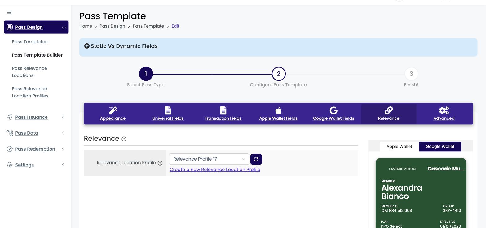 Relevance tab in the Pass Template Builder with the Relevance Location Profile drop-down