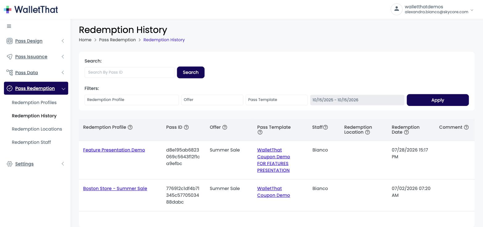 Redemption History page with Pass ID search and filters