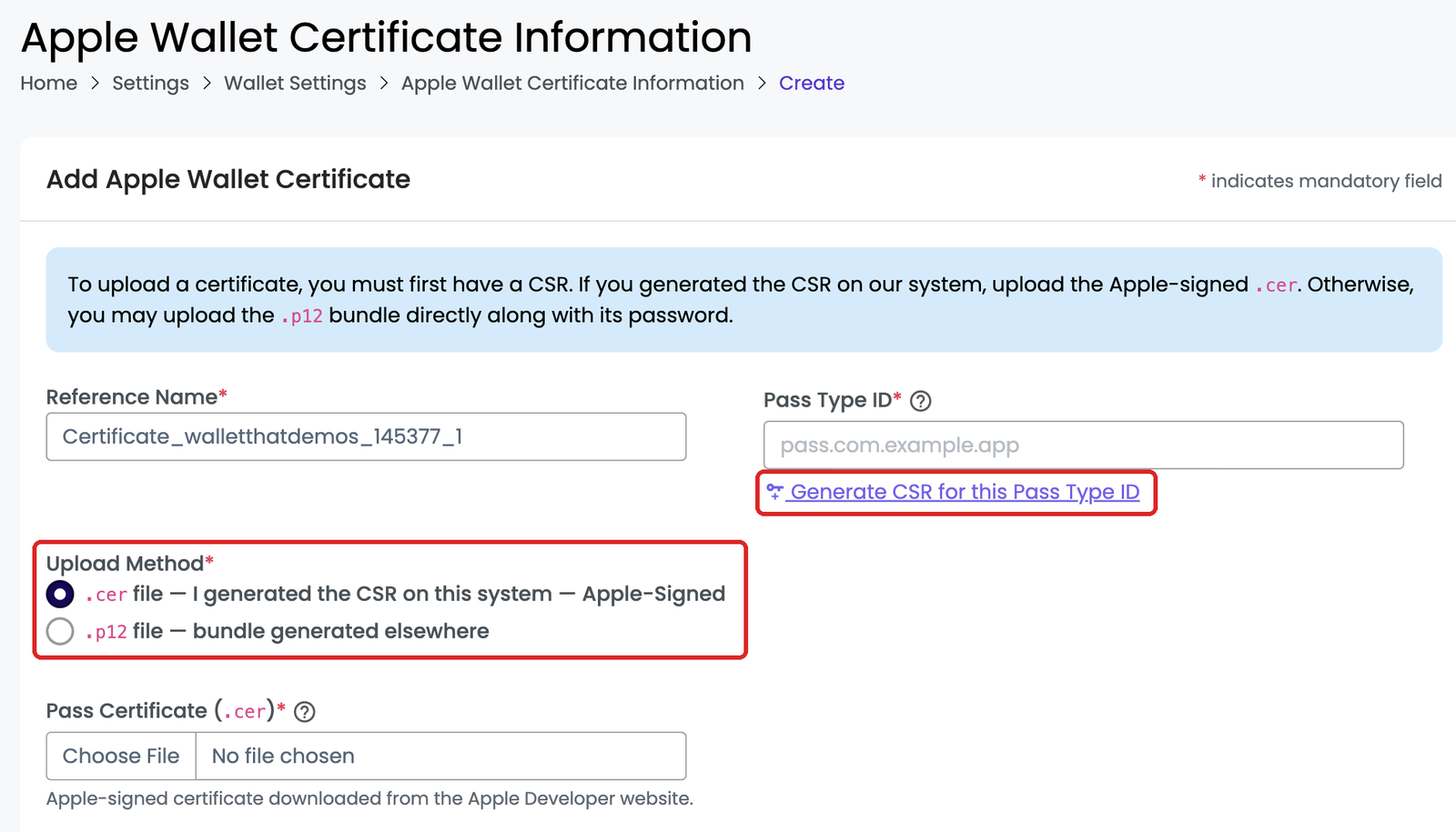 Add Apple Wallet Certificate form with Upload Method options
