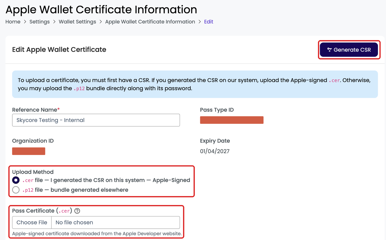Edit Apple Wallet Certificate page with Upload Method and certificate upload