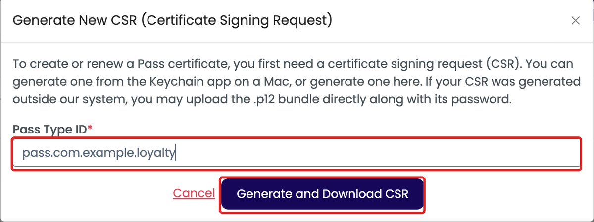 Generate New CSR dialog in WalletThat